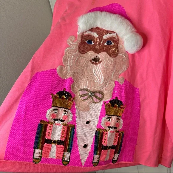 Queen Of Sparkles Neon Pink Nutcracker Santa Claus Bling Sweatshirt *FLAWED* - Picture 3 of 11
